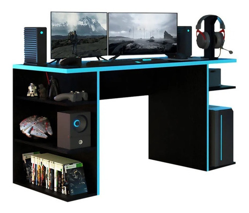 Escritorio gamer Madesa Mesa para computador gamer 9409 mdp de 136cm x 75cm x 60cm negro y azul