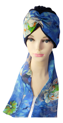 Turbante Gorro Para Mujer C/banda Oncológico Quimio. Algodon Color Azul Marino Multi