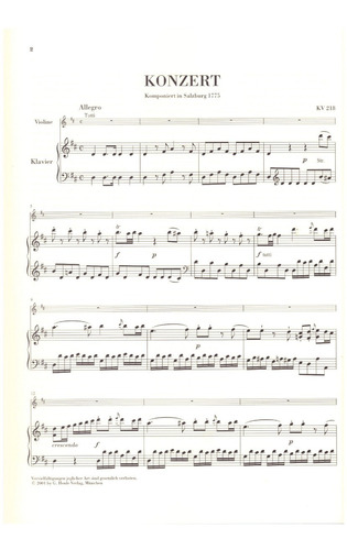 Concierto Para Violín No.4 K.218 En Re Mayor, Reducción A Pi