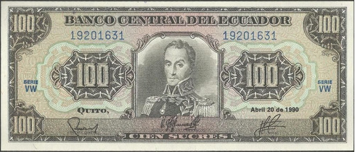 Ecuador 100 Sucres  20 Abr 1990 Serie Vw P123