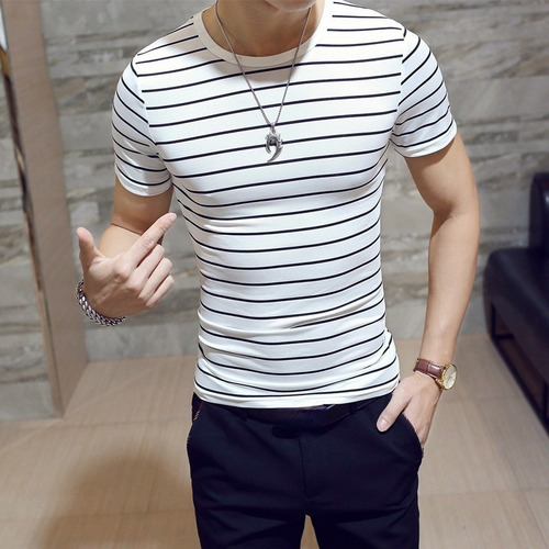Camiseta A Rayas Para Hombre, Camisetas Ajustadas De Algodón