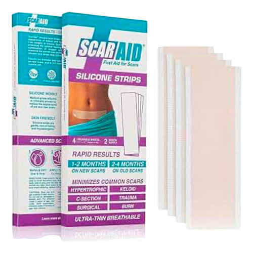 Scar Aid, 4 Tiras Silicón, Reduce Cicatrices Cesárea 15x4cm