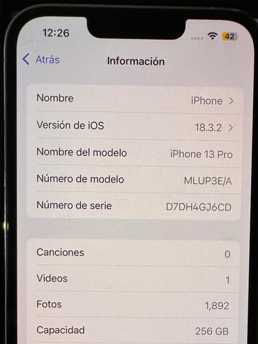 iPhone 13 Pro, Núm De Modelo Mlup3e/a, Capacidad 256gb, Color Blanco Upc 1-94252 87660 2 (Usado)
