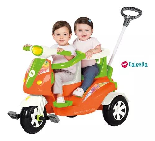 Triciclo Infantil C/ Empurrador E Protetor P/ 02-crianças Mo