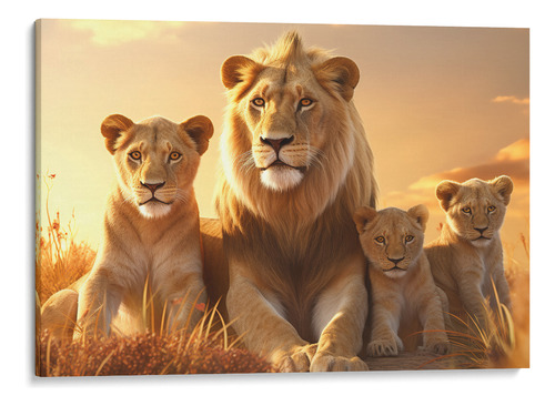 Quadro Família Leão E Filhotes Tela Canvas 120x80 Cm
