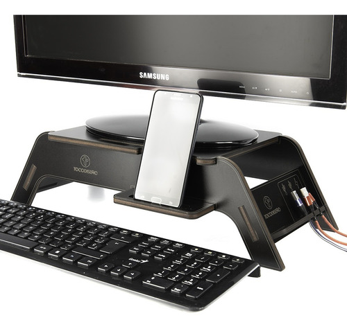 Imagen 1 de 9 de Stand Base Eleva Monitor Pc-notebook Con Porta Celular