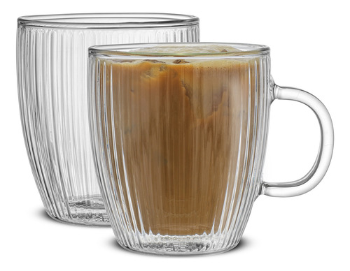 JoyJolt Tazas de café de vidrio estriado, tazas de café de doble pared. Juego de 2 tazas de café transparentes de 13.5 onzas. Vasos de latte, tazas de capuchino de vidrio, taza de café de vidrio
