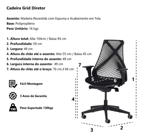 Imagem 5 de 5 de Cadeira Ergonômica Escritório Grid Diretor Preta Giratória