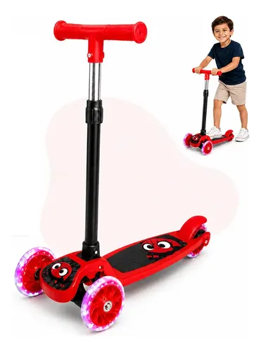 Patinete Infantil 3 Rodas com LED Dobrável Guidão Ajustável Rodinhas em Gel que Acendem Vermelho para Menino e Menina Base Antiderrapante e Freio Traseiro Kizumba