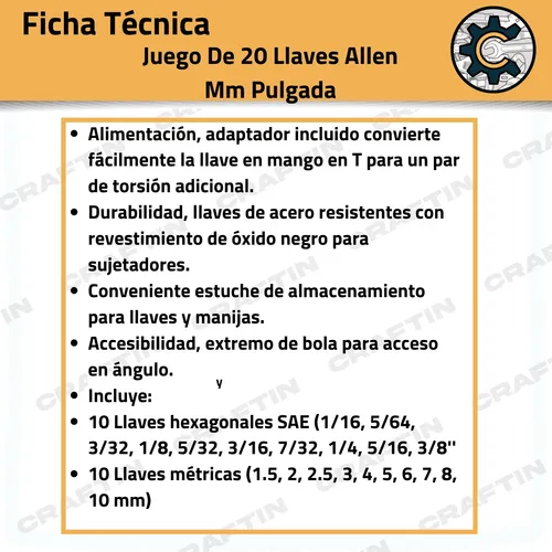 Juego De 20 Llaves Allen Mm Pulgada Craftsman Cmht26020