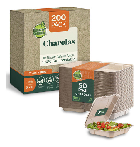 Berry Green 200 contenedores compostables para alimentos 20x20x6.5 cm (8 pulgadas) de fibra de caña de azúcar resistentes a líquidos ecológicos biodegradables ideales para comida para llevar