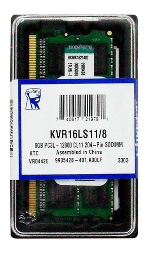 Memoria 8gb 1600 Kingston Ddr3 Laptop Kvr16ls11/8 Sodimm 