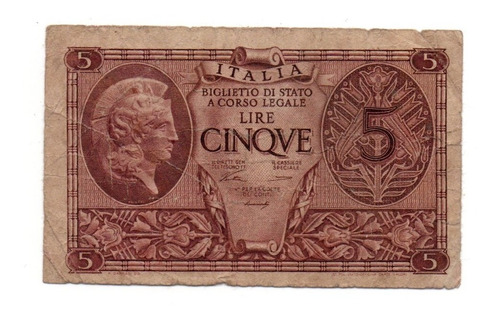 Italia Billete 5 Liras Biglietto Di Stato Año 1944 P#31a