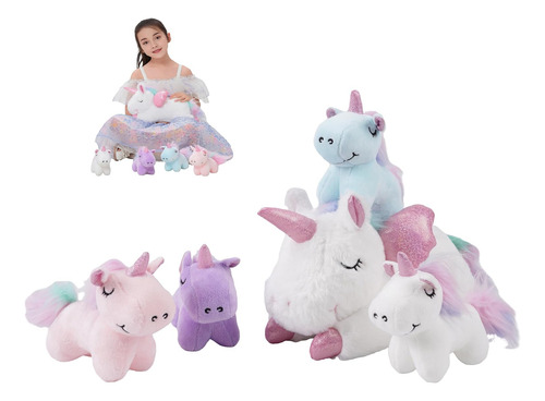 Juego De Peluches Unicornio 16 Pulgadas Con 4 Bebés Arco Iri
