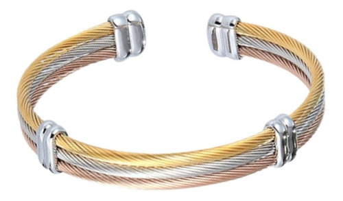 Pulseira Cabo De Aço Cor Prata E Ouro Modelo Super Fashion Comprimento 19 Cm Cor Prata Ouro E Rose Diâmetro 5.7 Cm