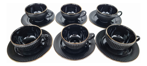 Set De 6 Unid Taza/plato De Te Cafe Borde Dorado 200 Ml Lineas Negro Acapulco