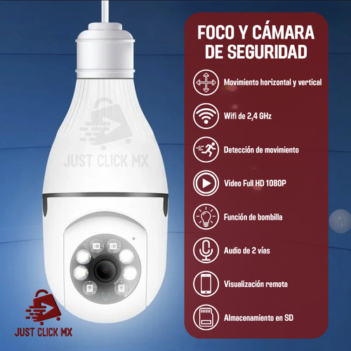 Cámara De Seguridad Wifi Foco Giratorio Visión Nocturna Full HD JustClick MX