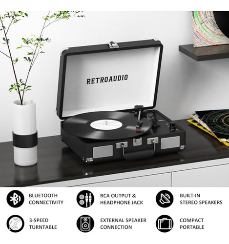 Tocadiscos De Vinilo Portátil Con Bluetooth Y 3 Velocidades,