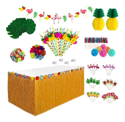 Kit Decoracion Fiesta Hawaiano Faldon Batucada Evento Flores