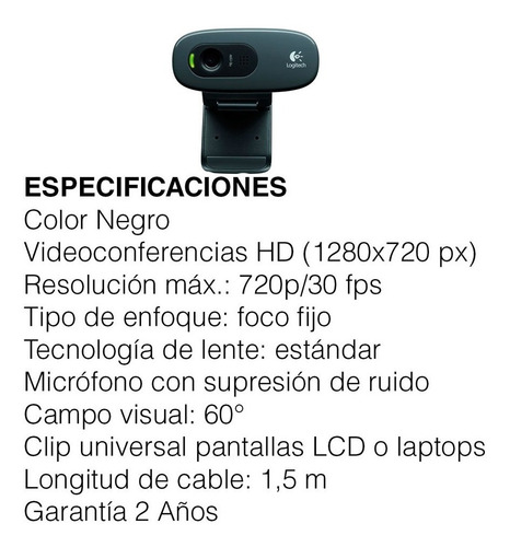 Cámara web Logitech C270 HD 30FPS color negro