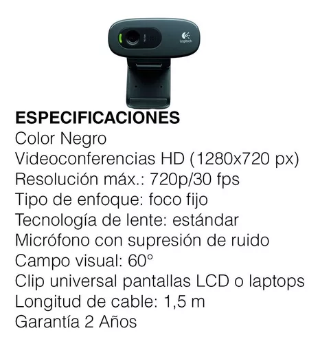 Webcam  Logitech C270, HD 720p, 3 MP, Micrófono integrado con reducción de  ruido, Corrección de iluminación, Clip universal, Windows/Mac, Negro