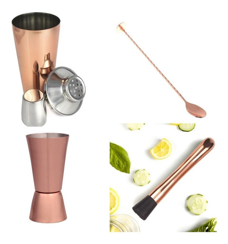 Imagem 1 de 8 de Kit Caipirinha Barman Coqueteleira Inox Rose Cobre 750 Ml