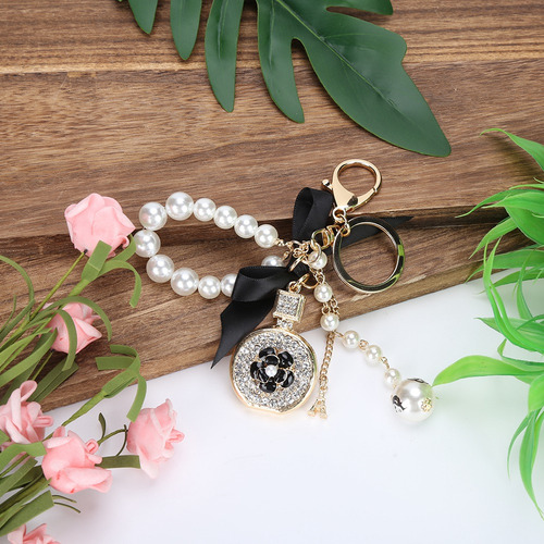 Key Keychain Alloy Bowknot Perfume Bottle Shape Pearl Hand