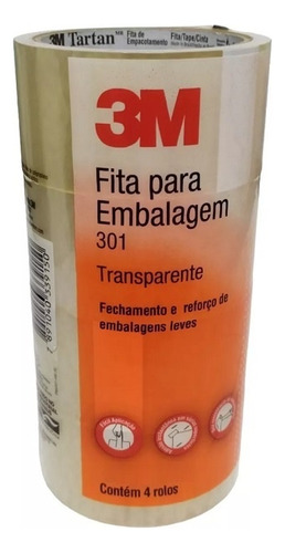 Kit 4 Fita Adesiva 301 Embalagem 3m Transparente 48mm X 100m