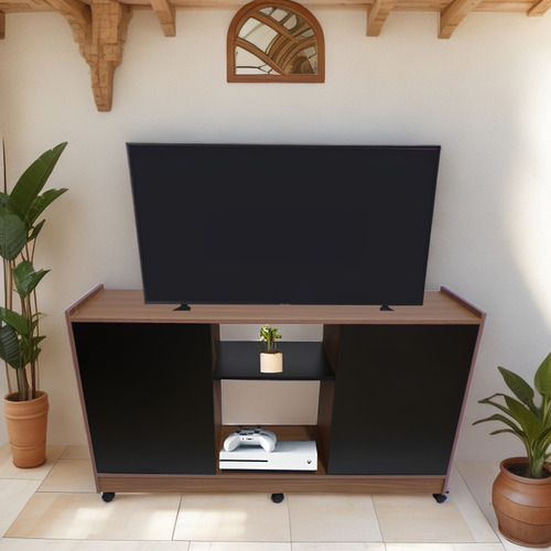 Mueble Credenza Para Tv Con Ruedas Minimalista Color Nogal Neo | Negro Mate