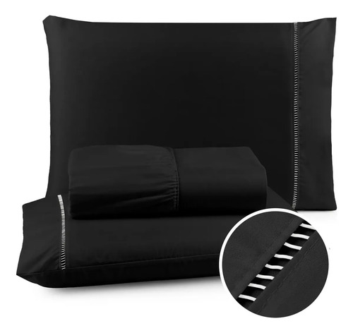 Jogo Lençol 400 Fios Ponto Palito Cama Queen 3 Peças Saldão Cor Preto