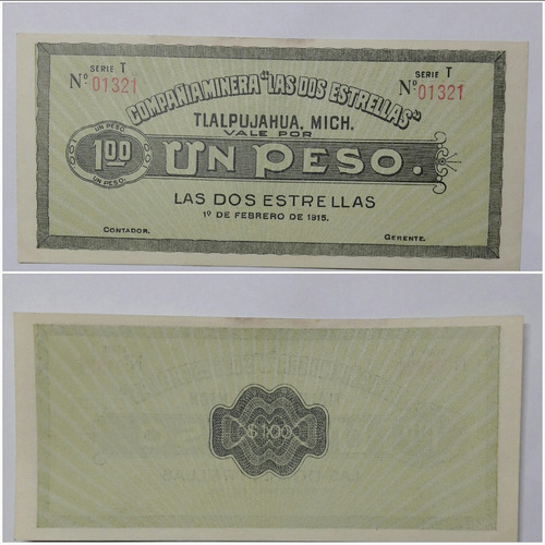 Billete De Colección: Tlalpujahua, Michoacán 1915.