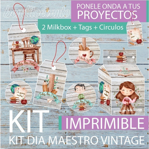 Kit Imprimible Maestro Profesor Vintage Milk Box Tags 