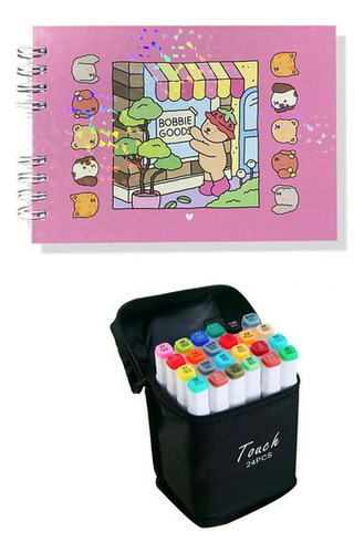 Kit Pintura Livro Colorir Bobbie Goods + 24 Canetinhas Ponta Dupla Marcador Touch Marker