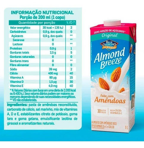 Bebida De Amêndoas Almond Breeze Original Zero Açucar 1l