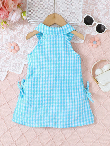 Vestido Xadrez Sem Mangas Com Cordão Lateral De Lapela Para