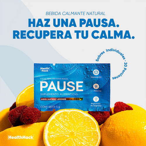 Pause Calm 20 Sobres Para Cortisol Con Bisglicinato Magnesio Sabor Limonada de frambuesa