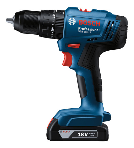 Taladro percutor atornillador inalámbrico de 13mm Bosch GSB 183LIMAL1 BAT 18V + 1 batería de 2mAh + accesorio con maletín de transporte 220V