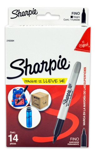 Marcador Permanente Sharpie Fino Negro Paq. 12 Pz + 2regalo 