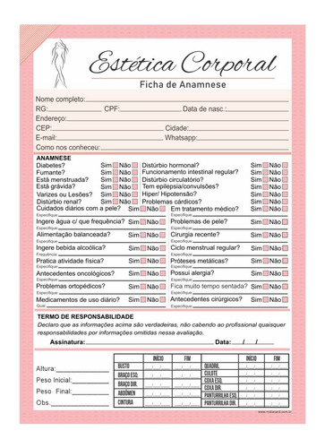 Imagem 2 de 4 de Ficha Anamnese Estética Corporal Personalizada +cuidados Pós