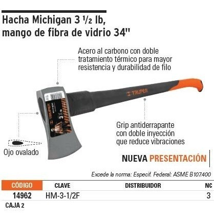 Hacha Michigan 3-1/2 Lb Fibra Vidrio 36' Truper 14962