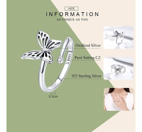 Anillo Mariposa Ajustable Para Mujer Fabricado En Plata 925