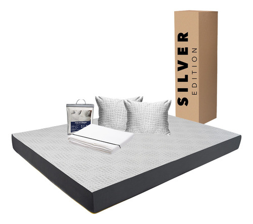 Colchón Matrimonial En Caja 15cm + Juego Sábanas Y Almohada Blanco Con Gris