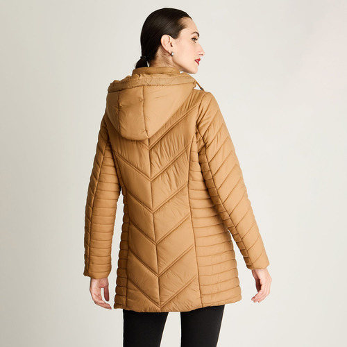 Parka Larga Con Cierre Frontal Y Gorro Camel Mujer Moda Invi