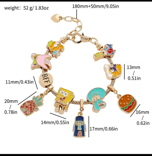 Pulsera Con Charms Bob Esponja Dijes Sponge Bob Brazalete Dorado