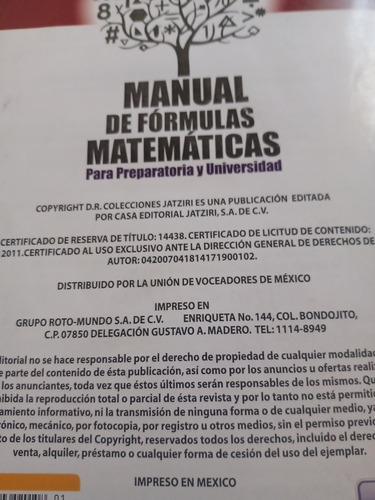 Manual De Fórmulas Matemáticas Preparatoria Y Universidad (Usado)