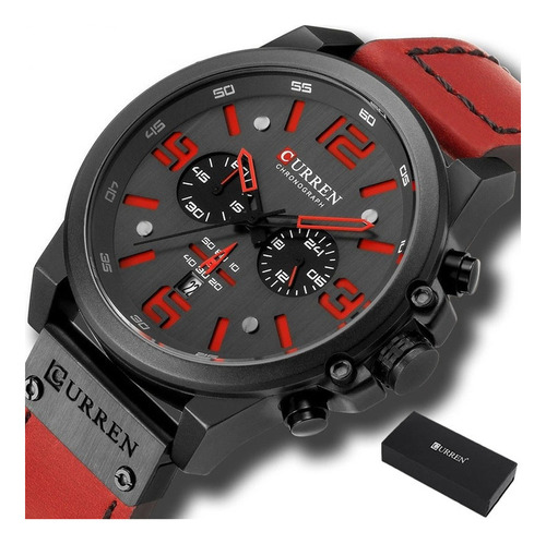 Relógio De Couro De Luxo Curren Calender Chronograph Cor Do Bisel Preto/vermelho