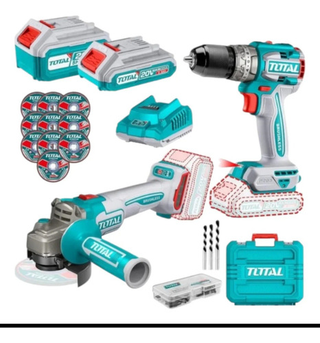 Kit Taladro Atorn Percut + Amoladora 20v Total Industrial Turquesa 66