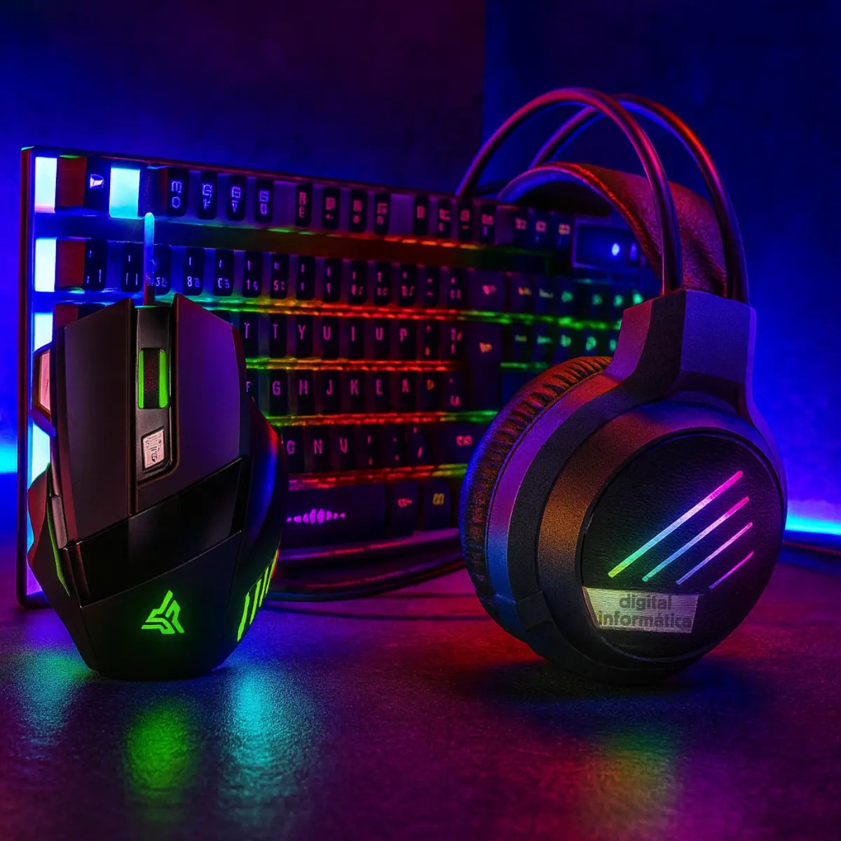 Kit Teclado Semi Mecânico Gamer Led Rgb Mouse Rgb Fone Headset Microfone Digital Informática