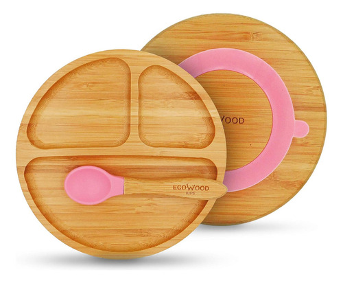 Plato Y Cubierto Para Bebé De Bambú Ecowood Antiderrapante Color Rosa Liso