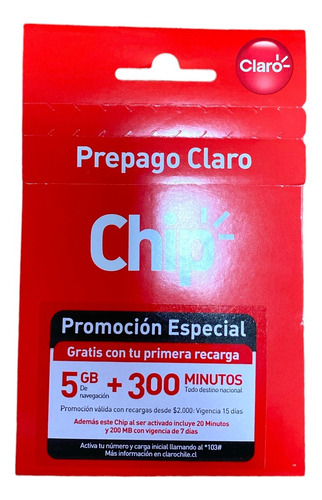 Chip Prepago Claro 200 Unidades Incluye 5gb + 300 Minutos